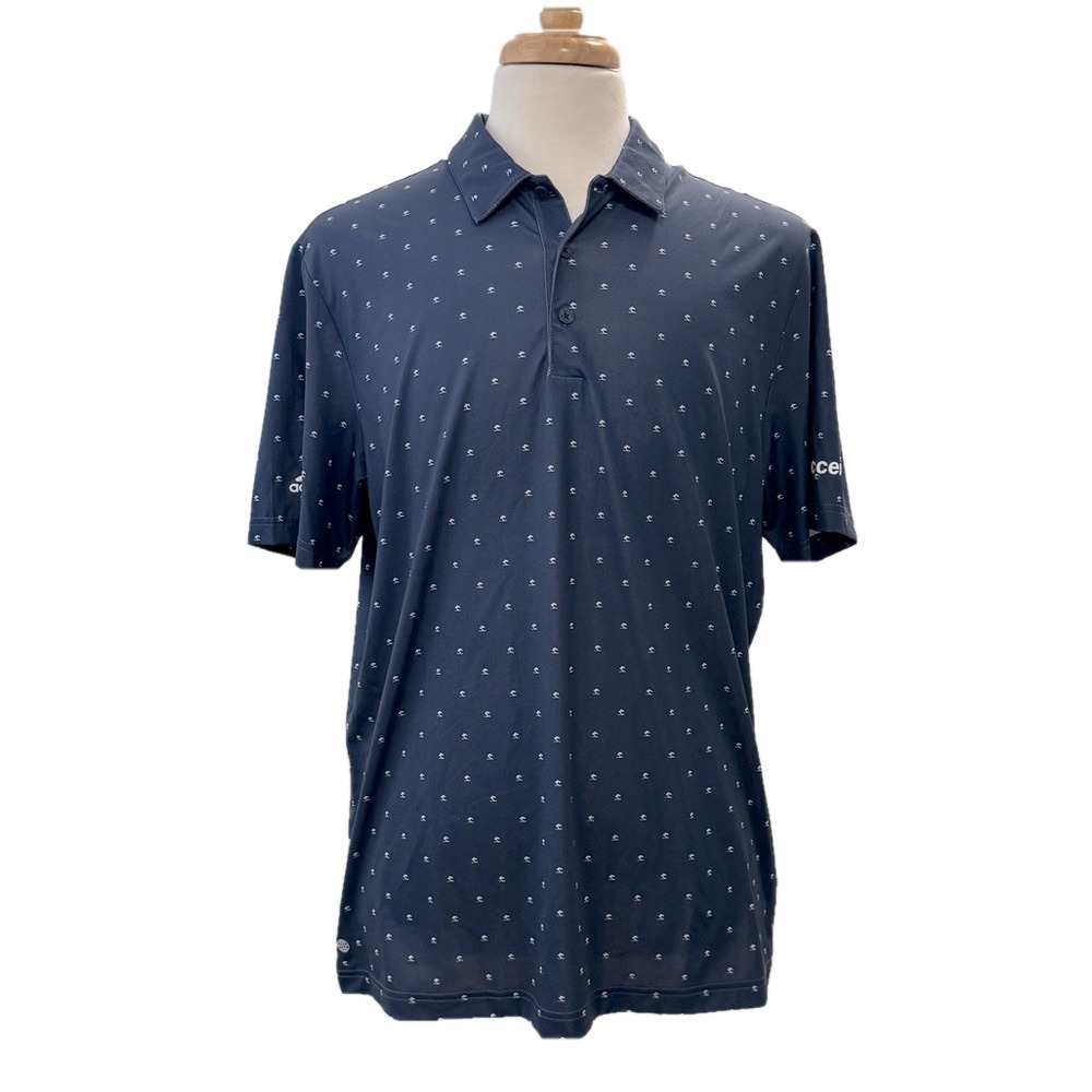 Men's Adidas Golf Polo Shirt Size L Navy Blue Pine Tree Print w/Accenture Logo - Picture 1 of 9